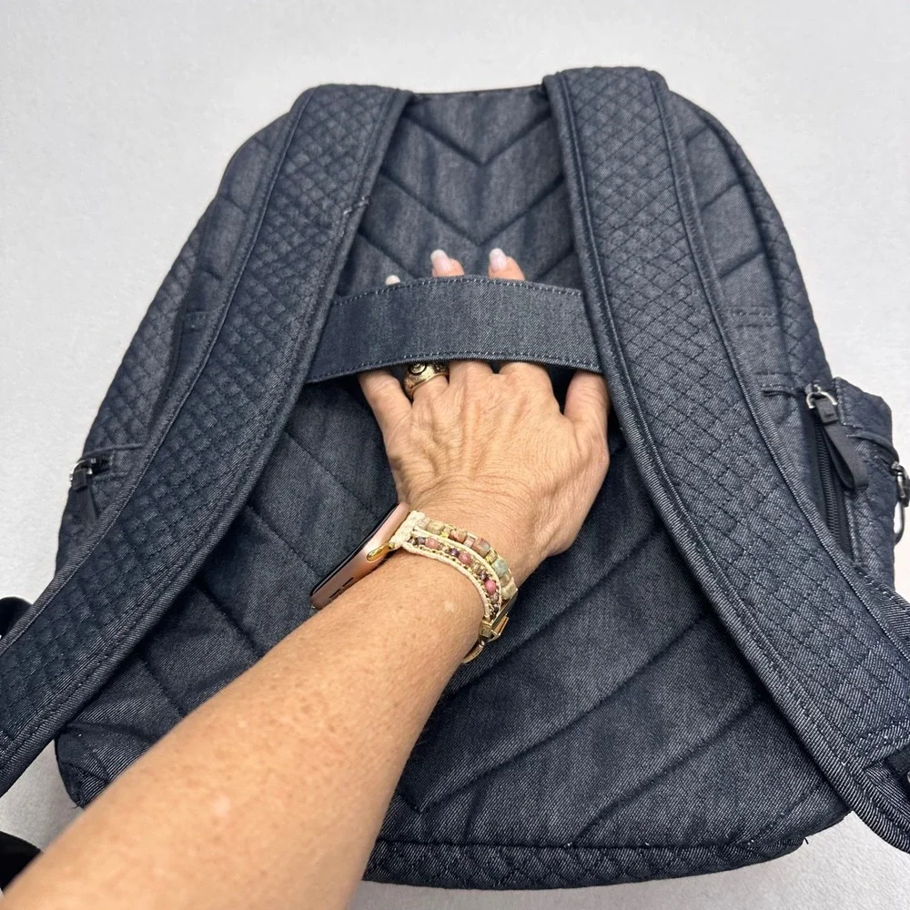 Vera Bradley Campus Navy Quilted Denim Backpack Floral Lining Travel Bag Floral